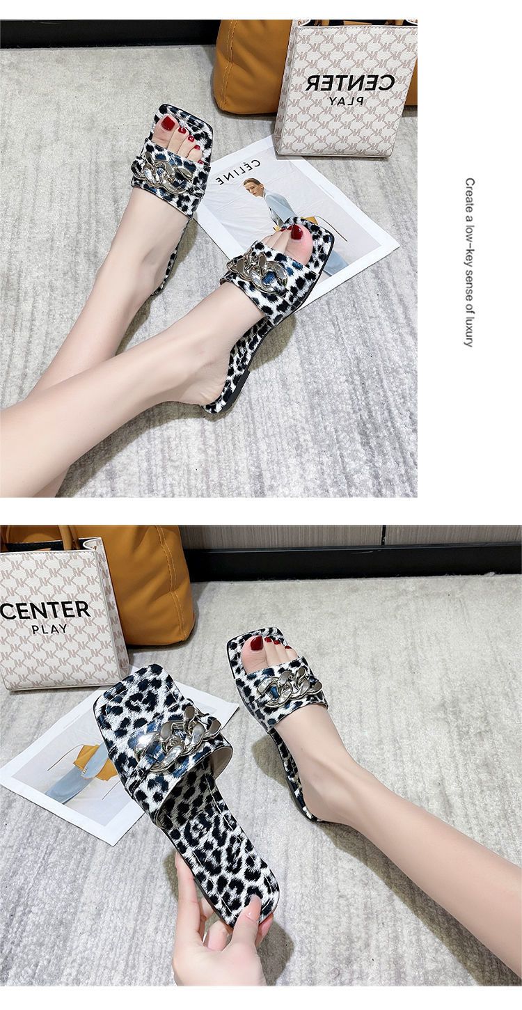 Flat Women'S Slippers New European American Metal Chain Square Toe Flat Shoes Women's Sandals Leopard Slides Slippers