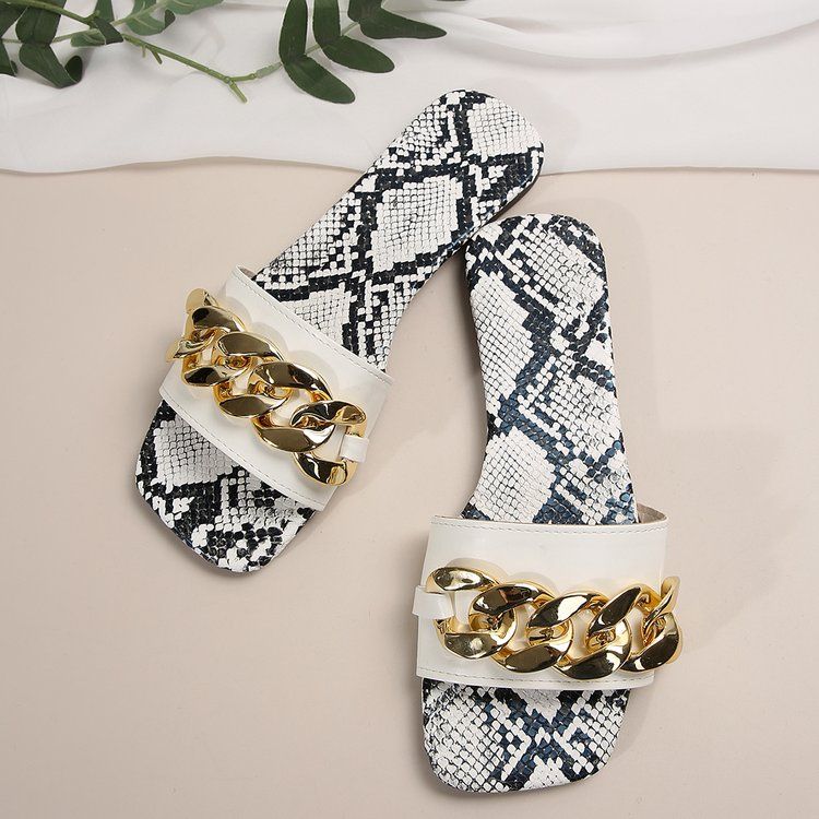 Flat Women'S Slippers New European American Metal Chain Square Toe Flat Shoes Women's Sandals Leopard Slides Slippers