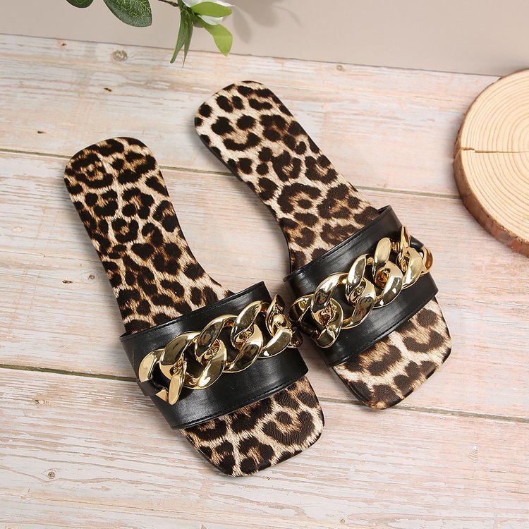 Flat Women'S Slippers New European American Metal Chain Square Toe Flat Shoes Women's Sandals Leopard Slides Slippers