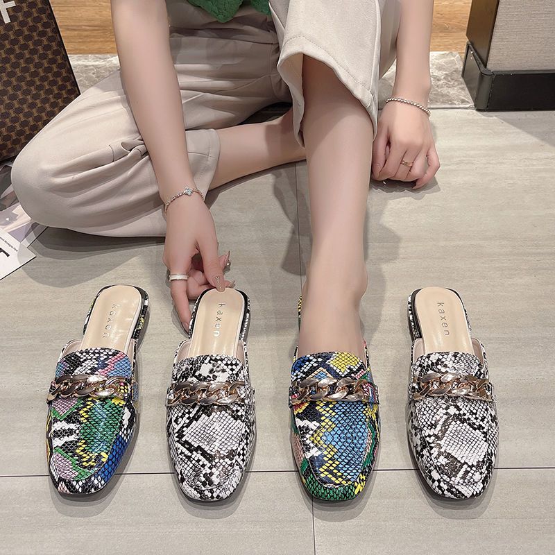 Flat Women'S Slippers New European American Metal Chain Square Toe Flat Shoes Women's Sandals Leopard Slides Slippers