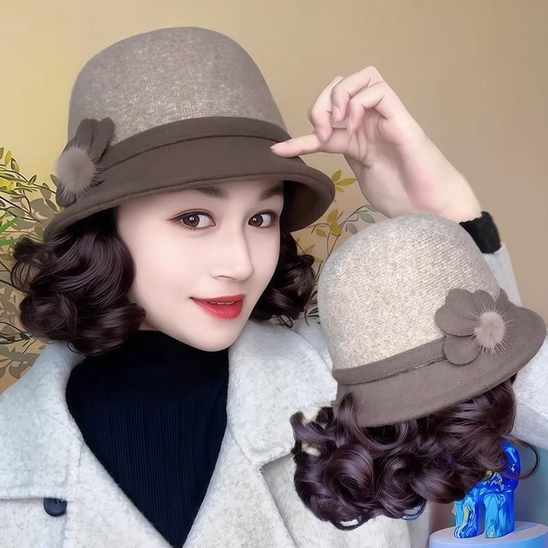 Hat Wig One Female Short Curly Hair Hat Autumn and Winter Old Mother Simulation Traceless Wig Cap
