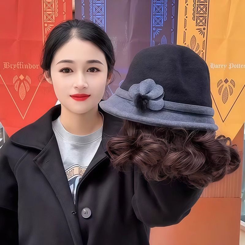 Hat Wig One Female Short Curly Hair Hat Autumn and Winter Old Mother Simulation Traceless Wig Cap