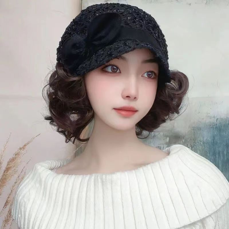 Hat Wig One Female Short Curly Hair Hat Autumn and Winter Old Mother Simulation Traceless Wig Cap