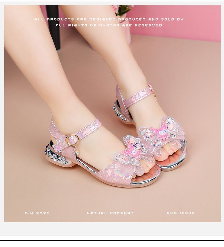 Princess Children Girls Fancy Sandals Shiny Flats Soft Bottom Open Toe Shoes Girls Dress Performance Princess Sandals 2021 New