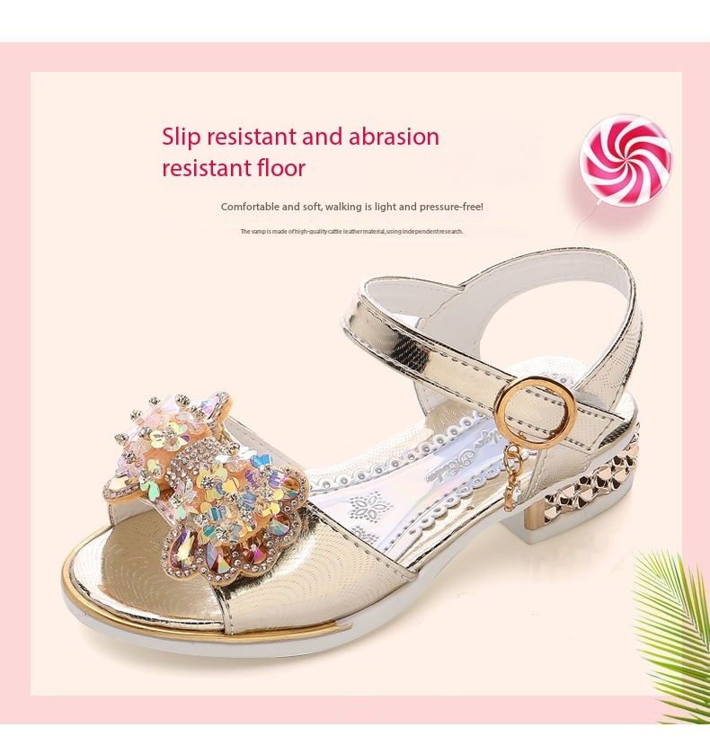 Princess Children Girls Fancy Sandals Shiny Flats Soft Bottom Open Toe Shoes Girls Dress Performance Princess Sandals 2021 New