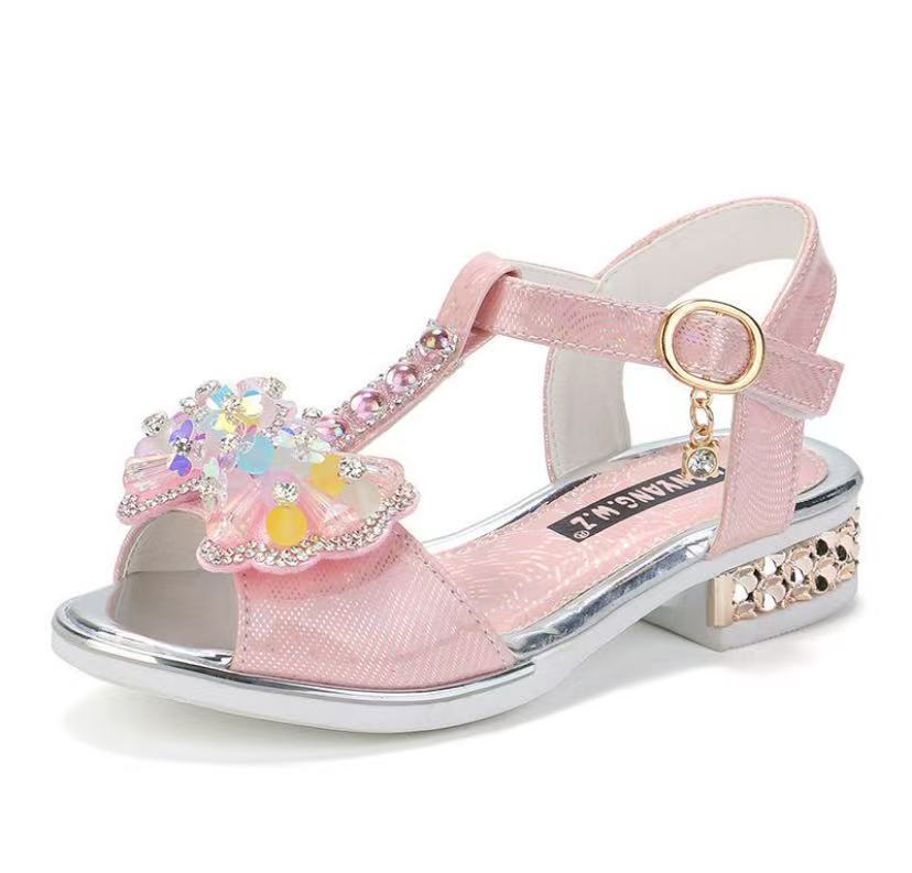 Princess Children Girls Fancy Sandals Shiny Flats Soft Bottom Open Toe Shoes Girls Dress Performance Princess Sandals 2021 New