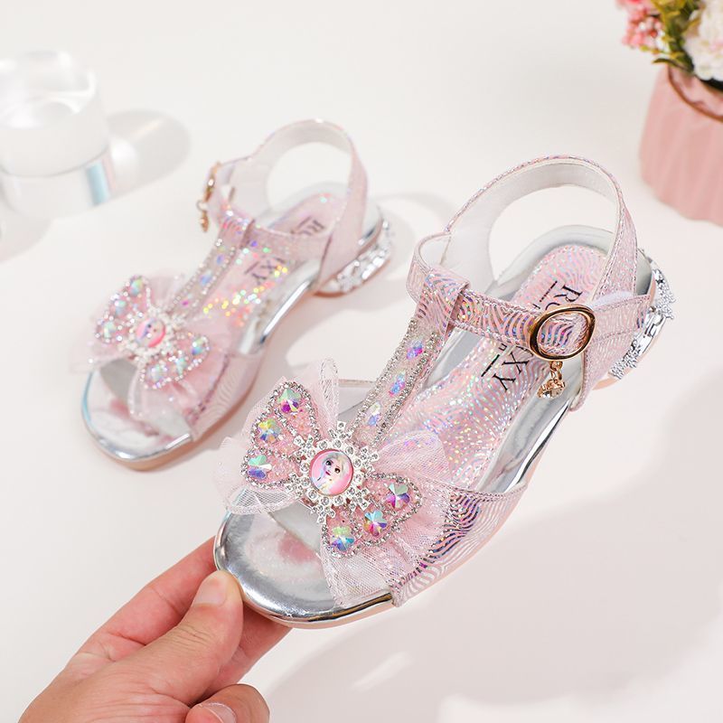 Princess Children Girls Fancy Sandals Shiny Flats Soft Bottom Open Toe Shoes Girls Dress Performance Princess Sandals 2021 New