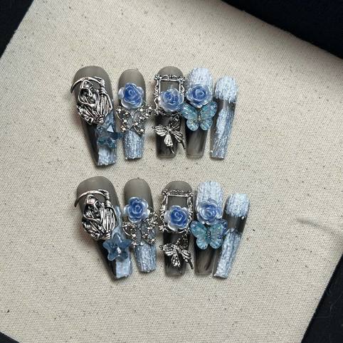 Handmade wearable armor, heavy industry blue nail art, sparkling luxury rose, niche style, gorgeous palace