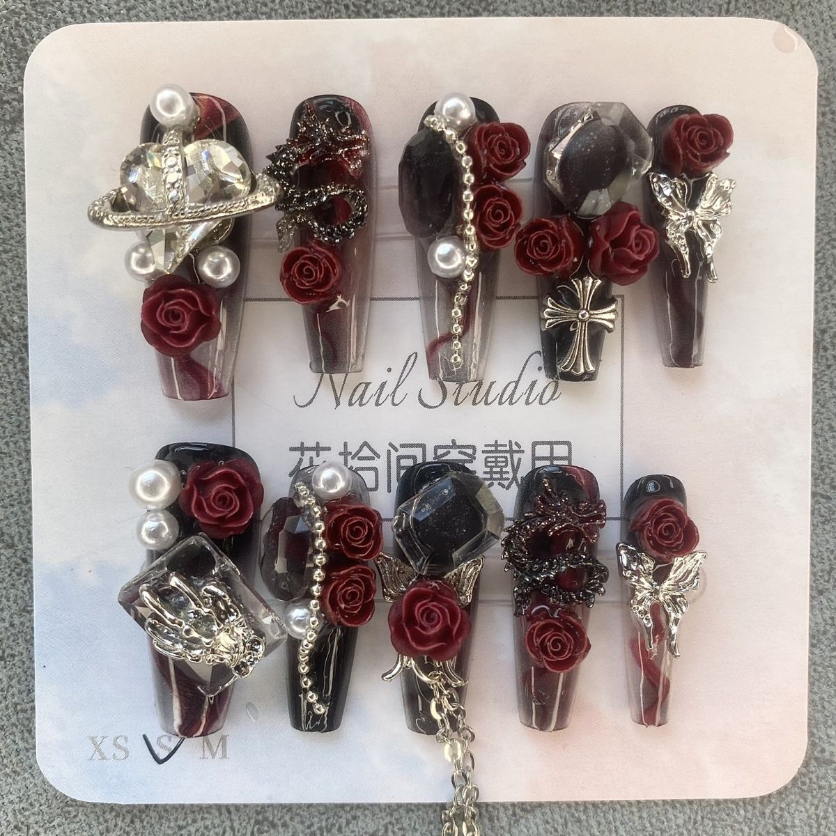 Original Heavy Industry Gothic Hot Girl Handmade Wear Detachable Nail Art Rose Dark Night