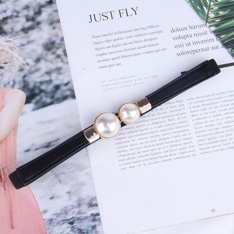 Creative Pearl Buckle Belt PU Leather Dress Skirt Waist Elastic Thin Women Belts High Quality Stretch Cummerbunds Ladies Waistband Women's Fashion Accessories