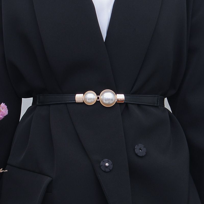 Creative Pearl Buckle Belt PU Leather Dress Skirt Waist Elastic Thin Women Belts High Quality Stretch Cummerbunds Ladies Waistband Women's Fashion Accessories