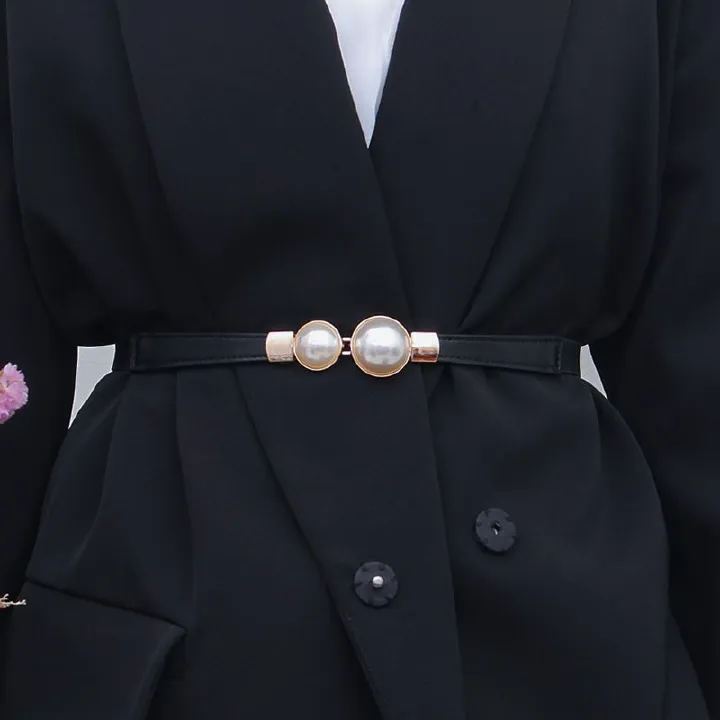 Creative Pearl Buckle Belt PU Leather Dress Skirt Waist Elastic Thin Women Belts High Quality Stretch Cummerbunds Ladies Waistband Women's Fashion Accessories