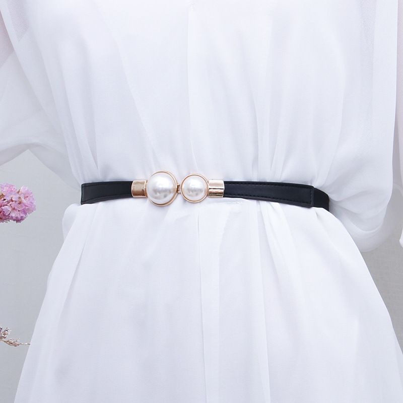 Creative Pearl Buckle Belt PU Leather Dress Skirt Waist Elastic Thin Women Belts High Quality Stretch Cummerbunds Ladies Waistband Women's Fashion Accessories