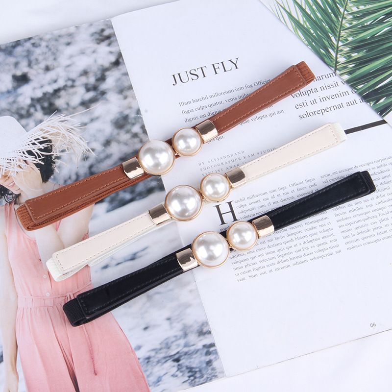 Creative Pearl Buckle Belt PU Leather Dress Skirt Waist Elastic Thin Women Belts High Quality Stretch Cummerbunds Ladies Waistband Women's Fashion Accessories