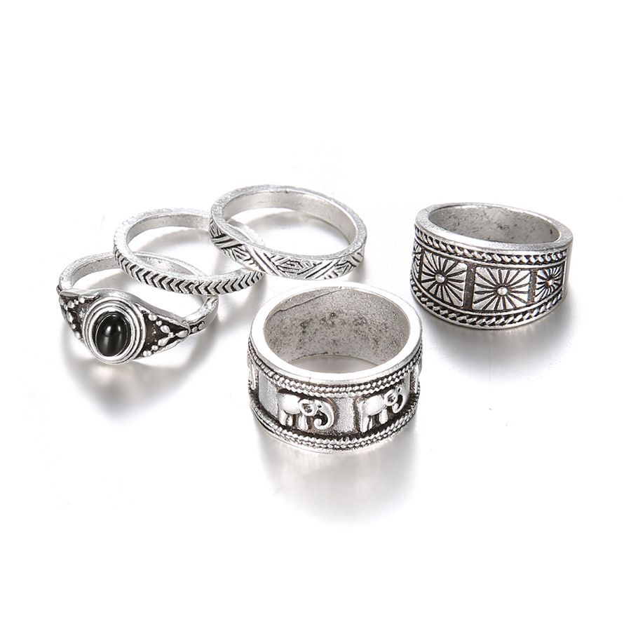 Popular joint rings European and American bohemian style totem black gemstone 5-piece rings