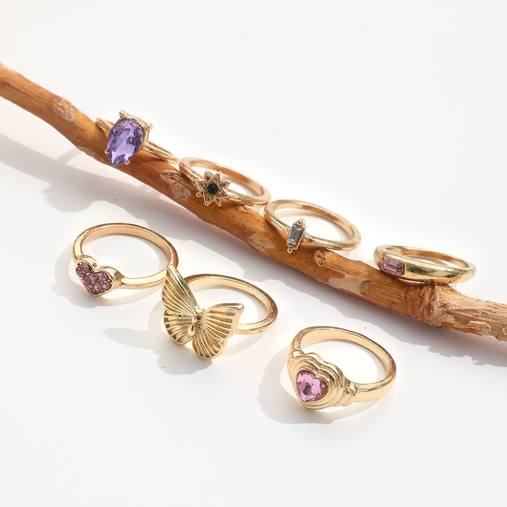 7-piece set hot-selling sweet butterfly love heart diamond ring, stylish and versatile colorful diamond ring