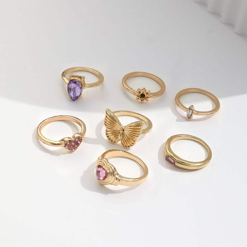 7-piece set hot-selling sweet butterfly love heart diamond ring, stylish and versatile colorful diamond ring