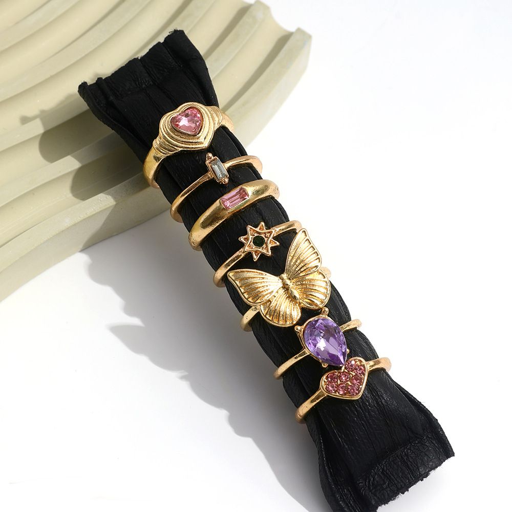 7-piece set hot-selling sweet butterfly love heart diamond ring, stylish and versatile colorful diamond ring