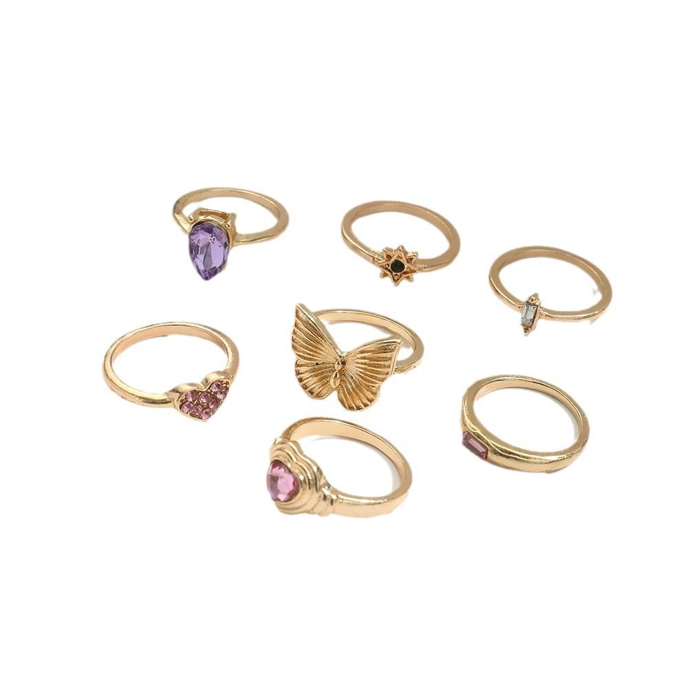 7-piece set hot-selling sweet butterfly love heart diamond ring, stylish and versatile colorful diamond ring
