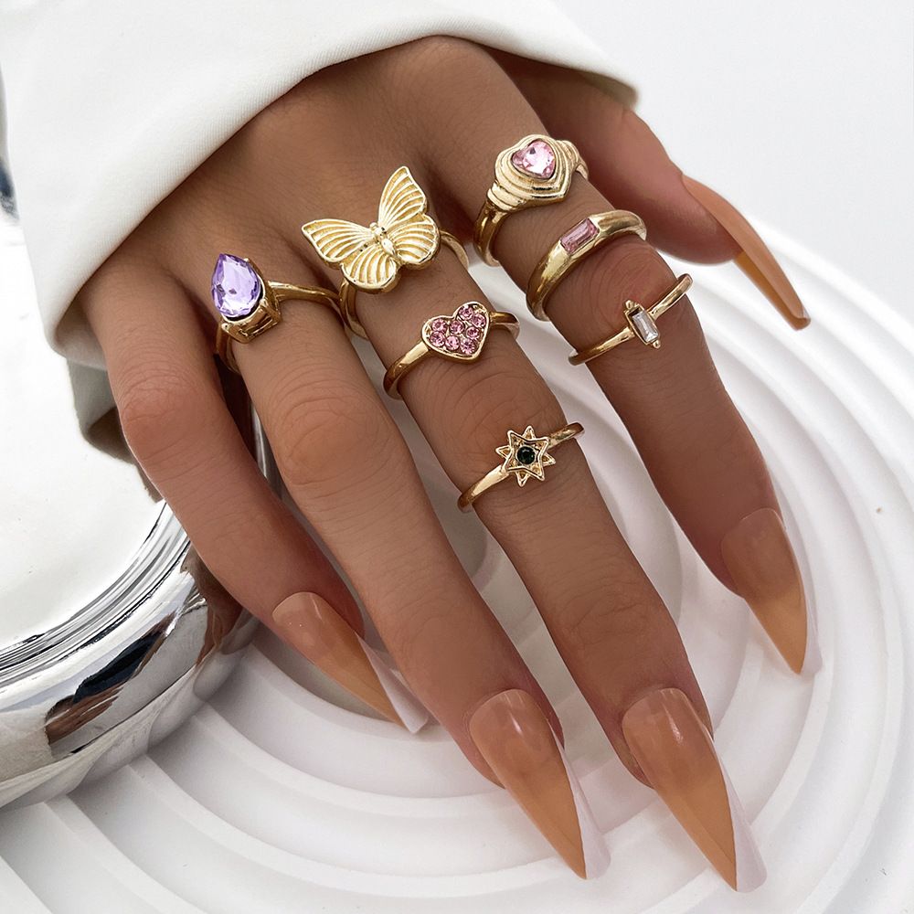 7-piece set hot-selling sweet butterfly love heart diamond ring, stylish and versatile colorful diamond ring