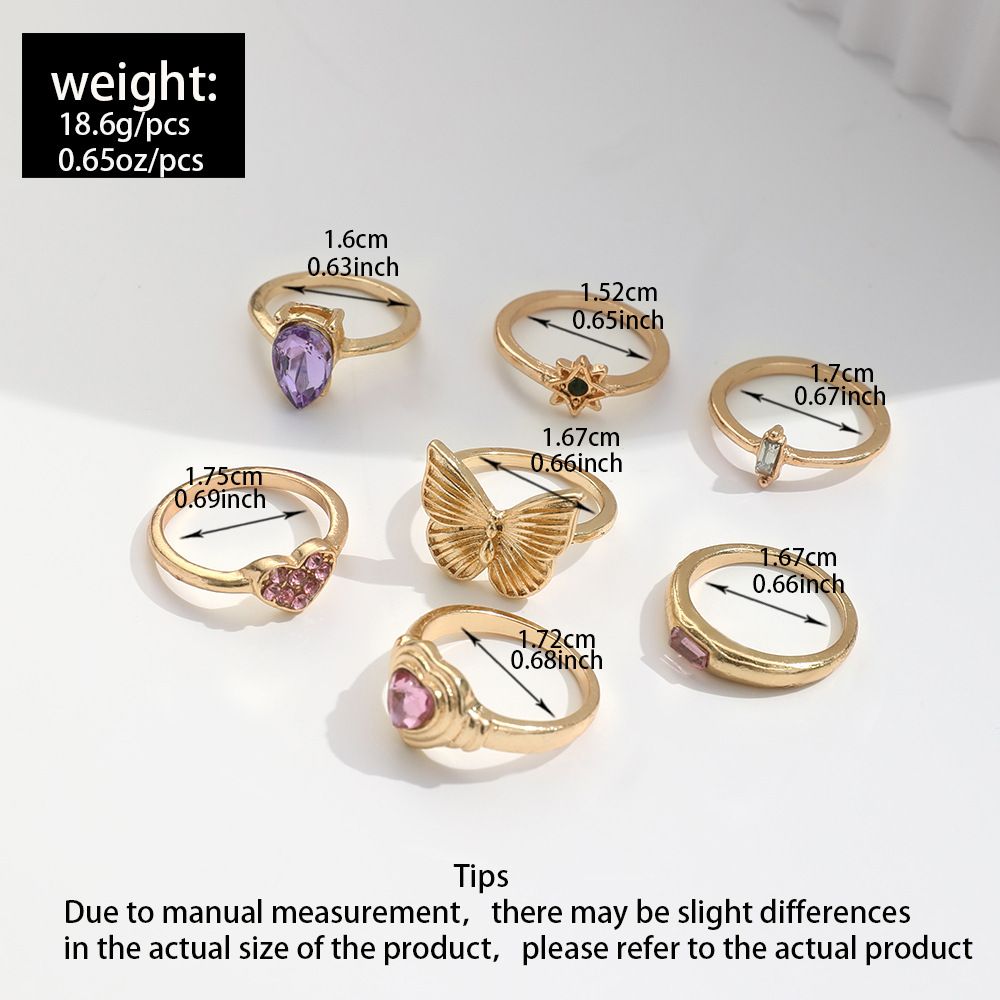 7-piece set hot-selling sweet butterfly love heart diamond ring, stylish and versatile colorful diamond ring