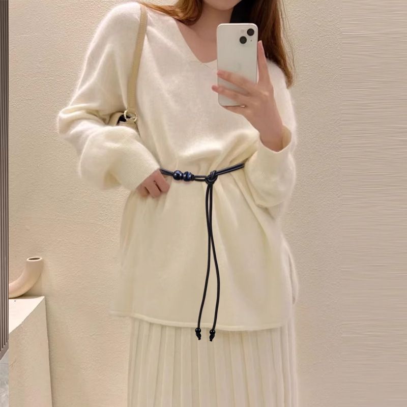 Vintage Beaded Thin Imitation Leather Waist Rope Belt Women Adjustable Drawstring Decorative Belt For Dress Sweater