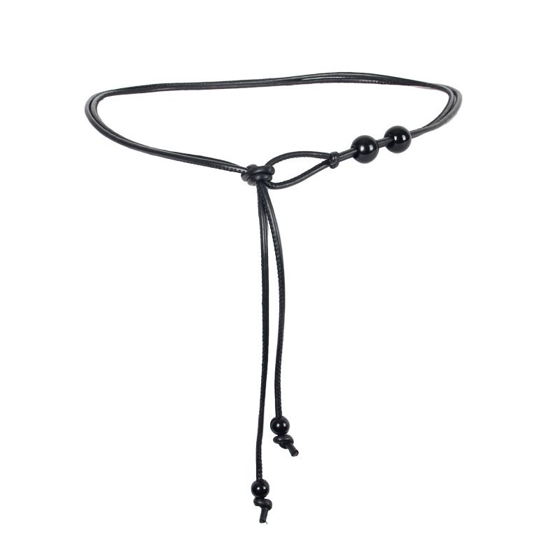 Vintage Beaded Thin Imitation Leather Waist Rope Belt Women Adjustable Drawstring Decorative Belt For Dress Sweater