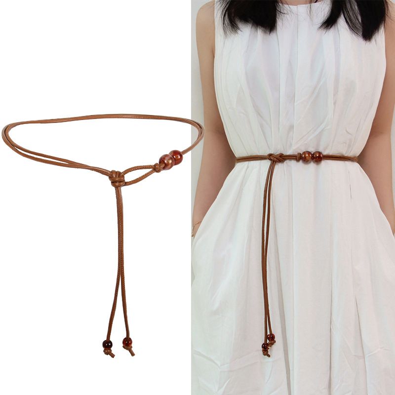 Vintage Beaded Thin Imitation Leather Waist Rope Belt Women Adjustable Drawstring Decorative Belt For Dress Sweater