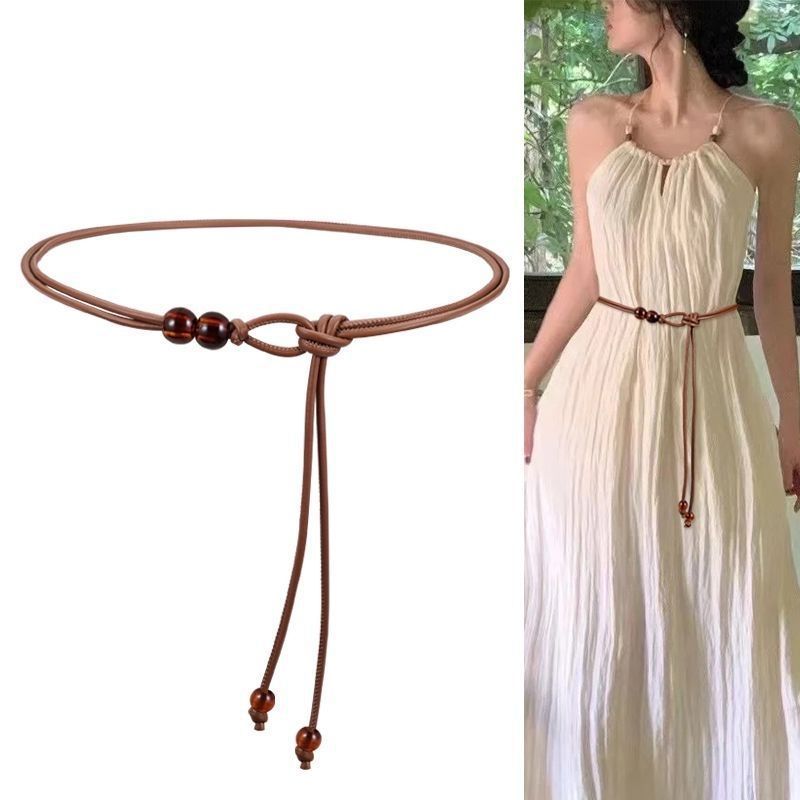 Vintage Beaded Thin Imitation Leather Waist Rope Belt Women Adjustable Drawstring Decorative Belt For Dress Sweater