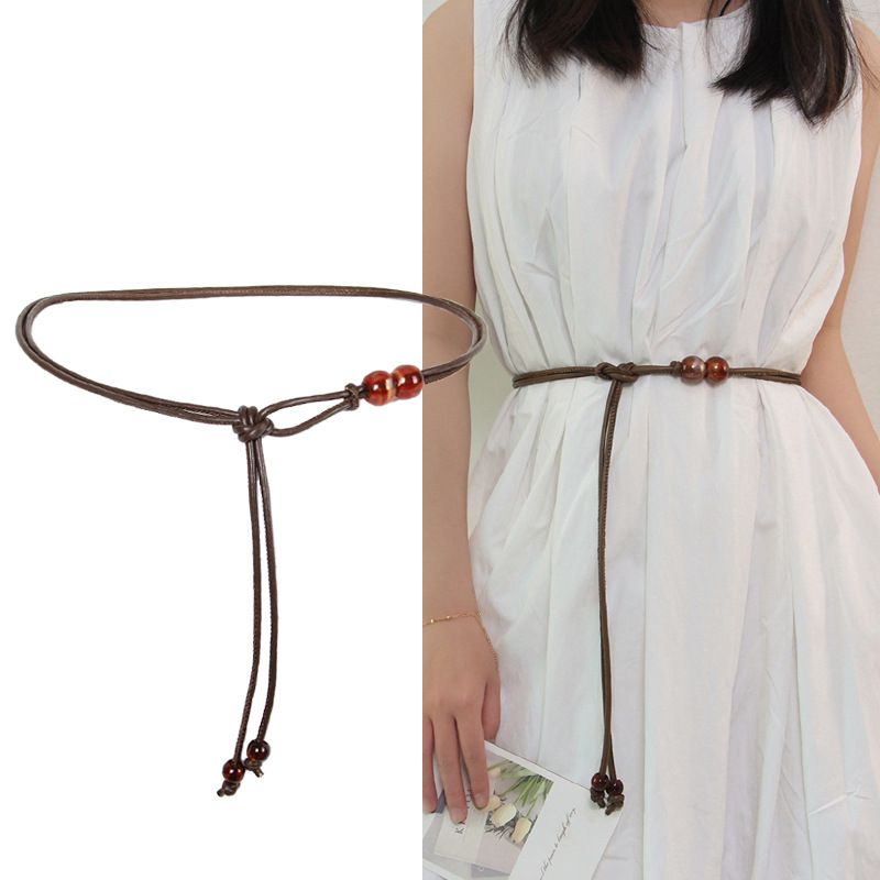 Vintage Beaded Thin Imitation Leather Waist Rope Belt Women Adjustable Drawstring Decorative Belt For Dress Sweater