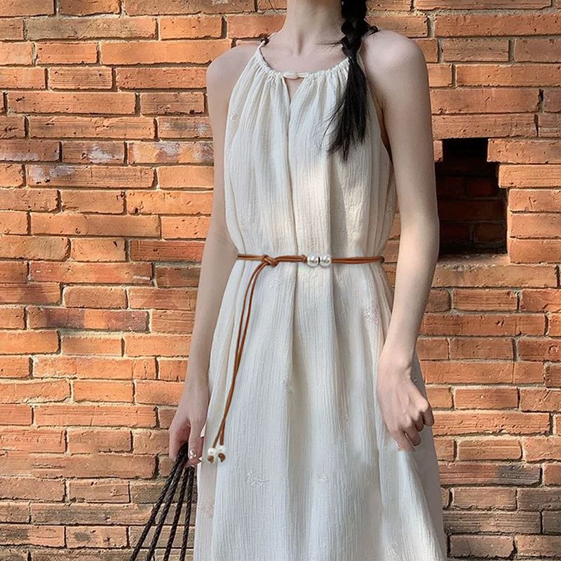 Vintage Beaded Thin Imitation Leather Waist Rope Belt Women Adjustable Drawstring Decorative Belt For Dress Sweater