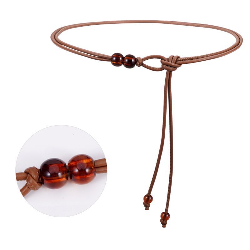 Vintage Beaded Thin Imitation Leather Waist Rope Belt Women Adjustable Drawstring Decorative Belt For Dress Sweater