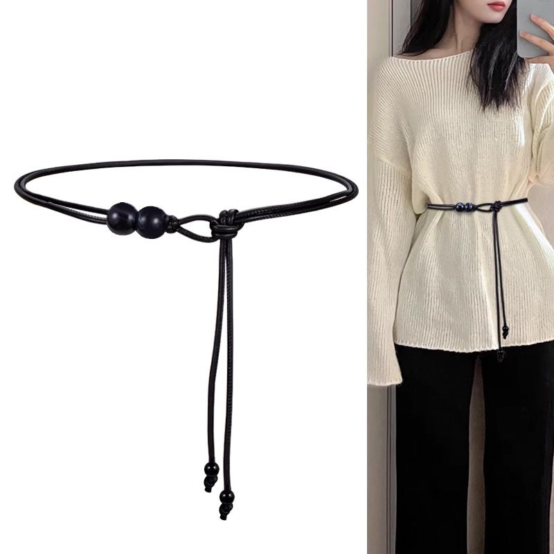 Vintage Beaded Thin Imitation Leather Waist Rope Belt Women Adjustable Drawstring Decorative Belt For Dress Sweater