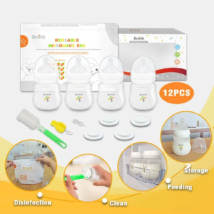 Bimirth White 12pcs Baby Milk Bottles 180ml 6oz Feeding Bottles Wide Mouth Multi-functional Gift Set