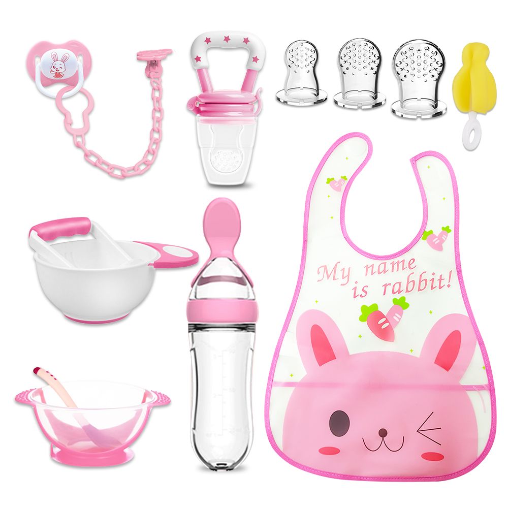Bimirth All in One 12pcs Infant Weaning Food Mashing Bowl Set Baby Pacifier Silicone Fruit Feeder Squeezing Bottle Spoon Rice Paste Fruit Feeder Self  Feeding Training Bib Spoon Sucker Bowl Gift Set