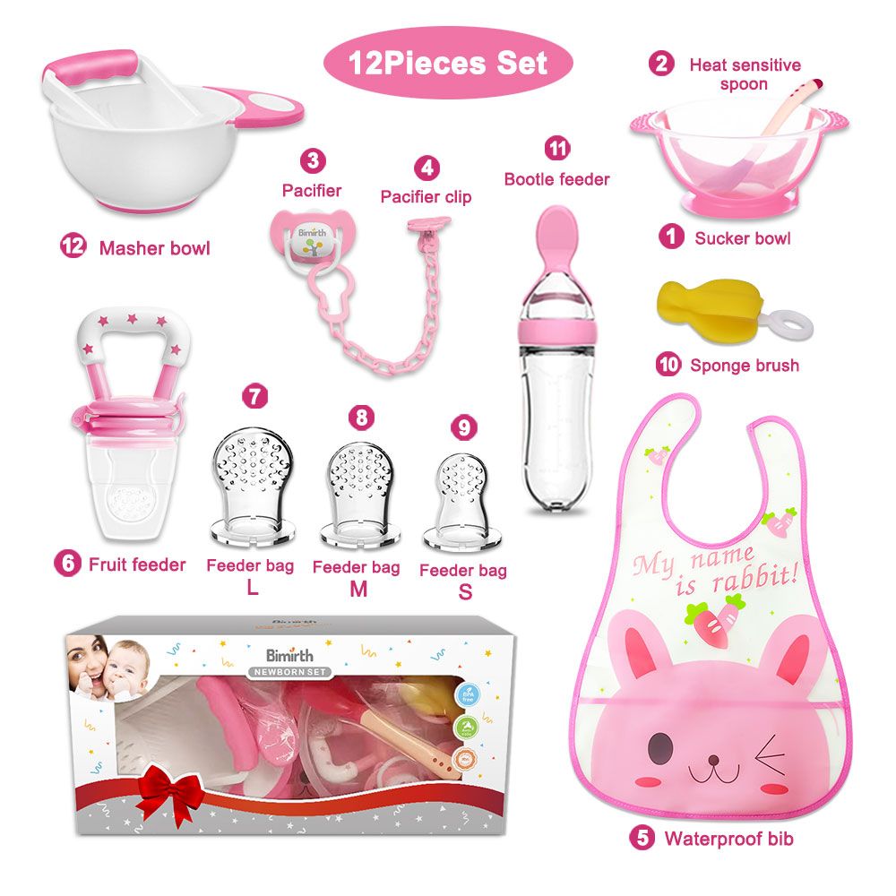 Bimirth All in One 12pcs Infant Weaning Food Mashing Bowl Set Baby Pacifier Silicone Fruit Feeder Squeezing Bottle Spoon Rice Paste Fruit Feeder Self  Feeding Training Bib Spoon Sucker Bowl Gift Set
