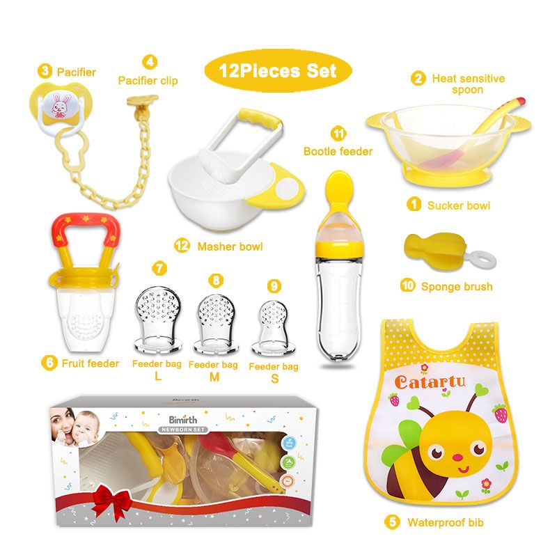 Bimirth All in One 12pcs Infant Weaning Food Mashing Bowl Set Baby Pacifier Silicone Fruit Feeder Squeezing Bottle Spoon Rice Paste Fruit Feeder Self  Feeding Training Bib Spoon Sucker Bowl Gift Set