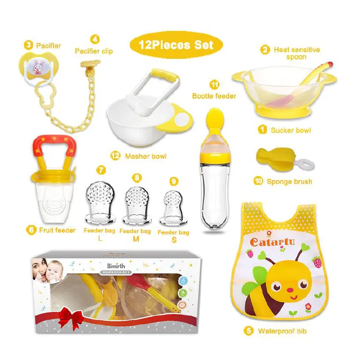 Bimirth All in One 12pcs Infant Weaning Food Mashing Bowl Set Baby Pacifier Silicone Fruit Feeder Squeezing Bottle Spoon Rice Paste Fruit Feeder Self  Feeding Training Bib Spoon Sucker Bowl Gift Set