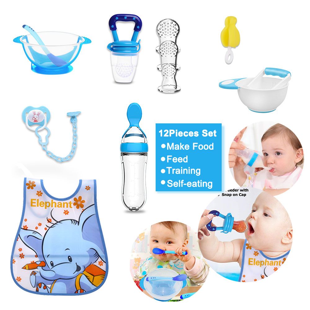 Bimirth All in One 12pcs Infant Weaning Food Mashing Bowl Set Baby Pacifier Silicone Fruit Feeder Squeezing Bottle Spoon Rice Paste Fruit Feeder Self  Feeding Training Bib Spoon Sucker Bowl Gift Set