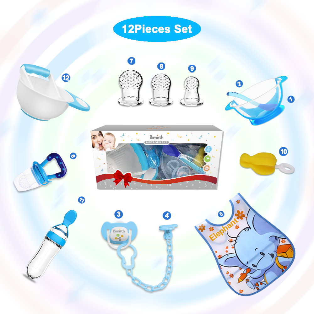 Bimirth All in One 12pcs Infant Weaning Food Mashing Bowl Set Baby Pacifier Silicone Fruit Feeder Squeezing Bottle Spoon Rice Paste Fruit Feeder Self  Feeding Training Bib Spoon Sucker Bowl Gift Set