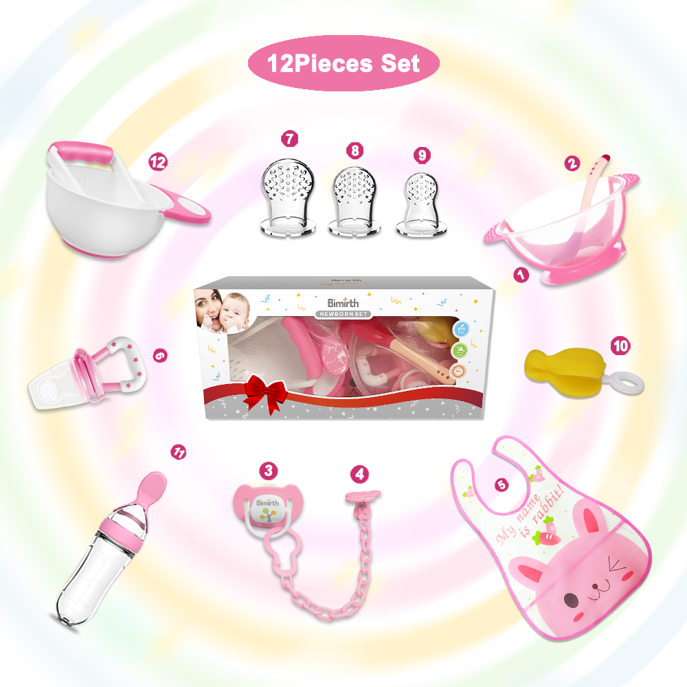 Bimirth All in One 12pcs Infant Weaning Food Mashing Bowl Set Baby Pacifier Silicone Fruit Feeder Squeezing Bottle Spoon Rice Paste Fruit Feeder Self  Feeding Training Bib Spoon Sucker Bowl Gift Set