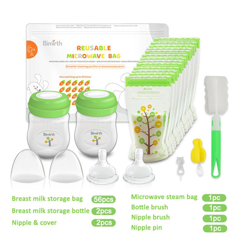 Green Baby Feeding Storage Bottles Breastmilk Storage Bags Combo Gift Set 64pcs Feeding Storage Cleaning in one