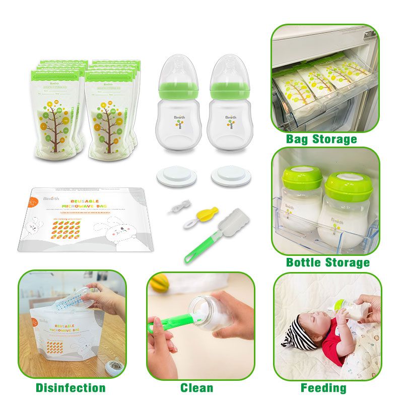 Green Baby Feeding Storage Bottles Breastmilk Storage Bags Combo Gift Set 64pcs Feeding Storage Cleaning in one
