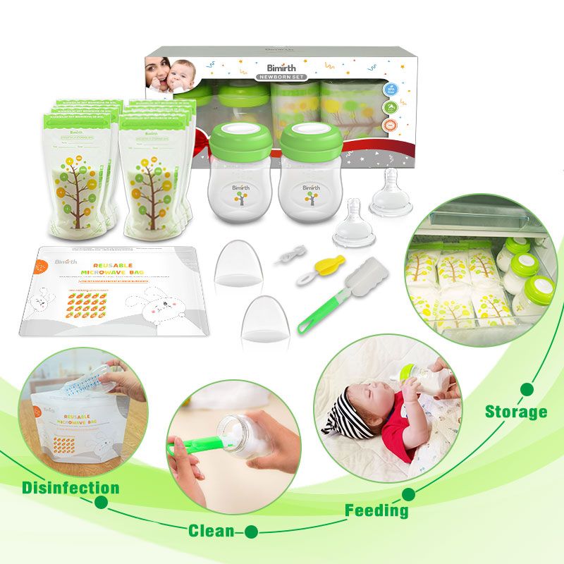 Green Baby Feeding Storage Bottles Breastmilk Storage Bags Combo Gift Set 64pcs Feeding Storage Cleaning in one