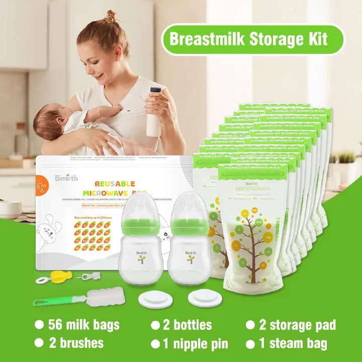Green Baby Feeding Storage Bottles Breastmilk Storage Bags Combo Gift Set 64pcs Feeding Storage Cleaning in one