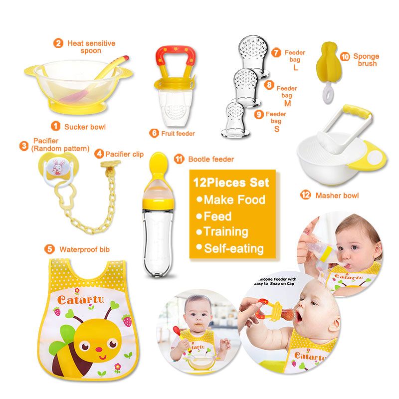 Bimirth Yellow All-in-1 12pcs Infant Weaning Food Mashing Bowl Set Baby Feeding Set Tool for Transitioning to Solid