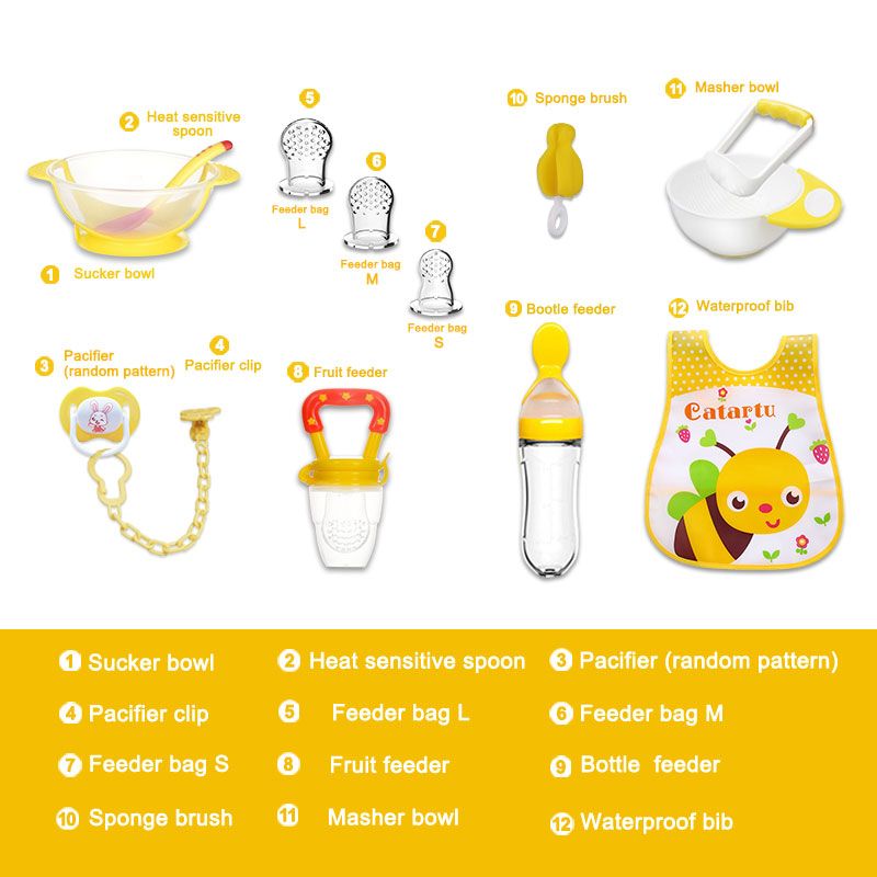 Bimirth Yellow All-in-1 12pcs Infant Weaning Food Mashing Bowl Set Baby Feeding Set Tool for Transitioning to Solid