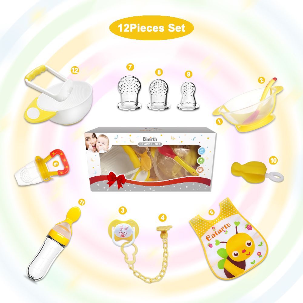 Bimirth Yellow All-in-1 12pcs Infant Weaning Food Mashing Bowl Set Baby Feeding Set Tool for Transitioning to Solid