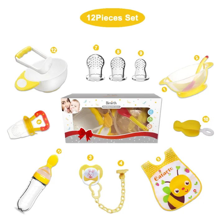 Bimirth 12-in-1 Baby Feeding Set BPA Free,Baby Feeding Bowl, Spoon, Fruit Feeder, Bottle Spoon, Pacifier, Bib & Weaning Feeding Kit (0–2 Years) for daily feeding, weaning and baby shower gift