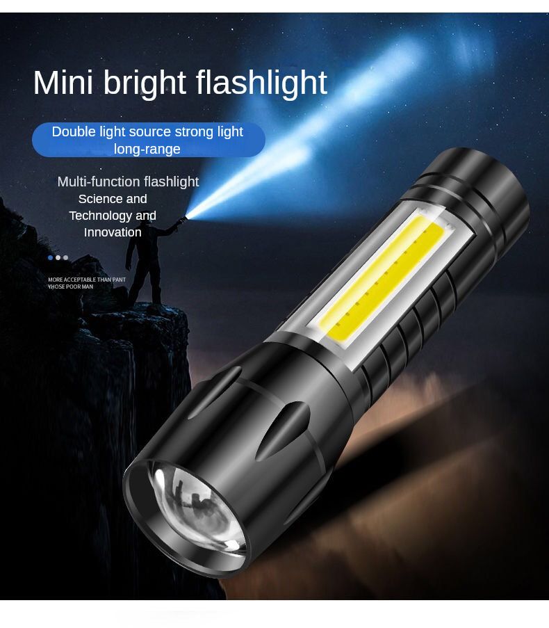 Multi-functional mini flashlight Strong light COB side light flashlight telescopic zoom LED portable flashlight
